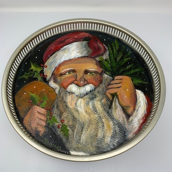 Christmas Serving Tray Vintage Painted Santa Claus Hand Painted Holiday … - Picture 7 of 8